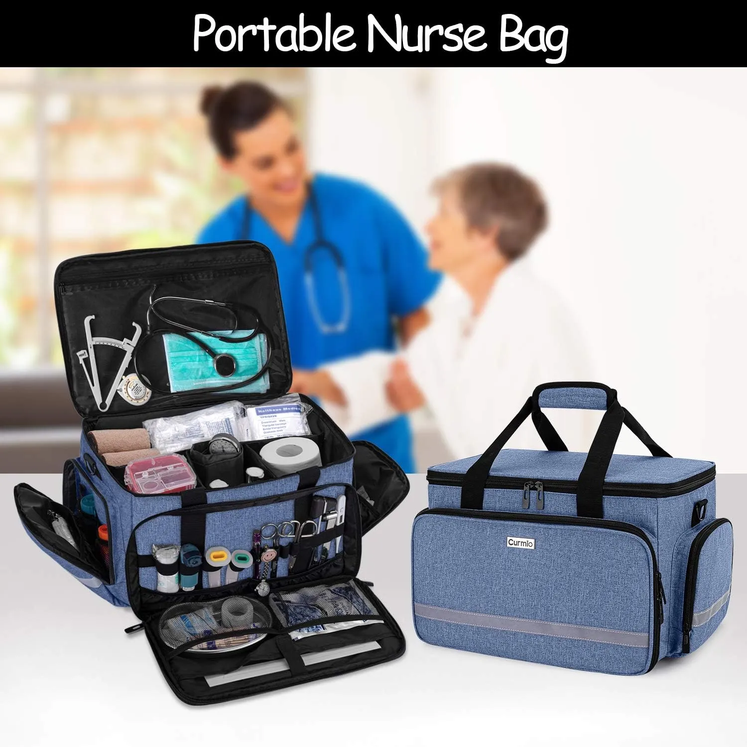 CURMIO Nurse Bag, Medical Bag with Inner Dividers and No-Slip Bottom for Home Visits, Health Care, Hospice, For Nursing Students, Physical Therapists, Doctors,Blue (Patent Pending)