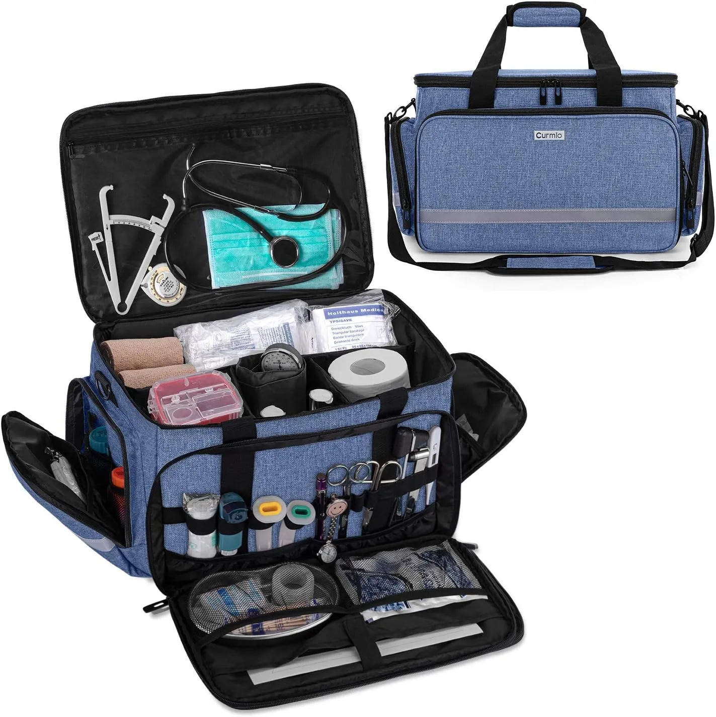 CURMIO Nurse Bag, Medical Bag with Inner Dividers and No-Slip Bottom for Home Visits, Health Care, Hospice, For Nursing Students, Physical Therapists, Doctors,Blue (Patent Pending)