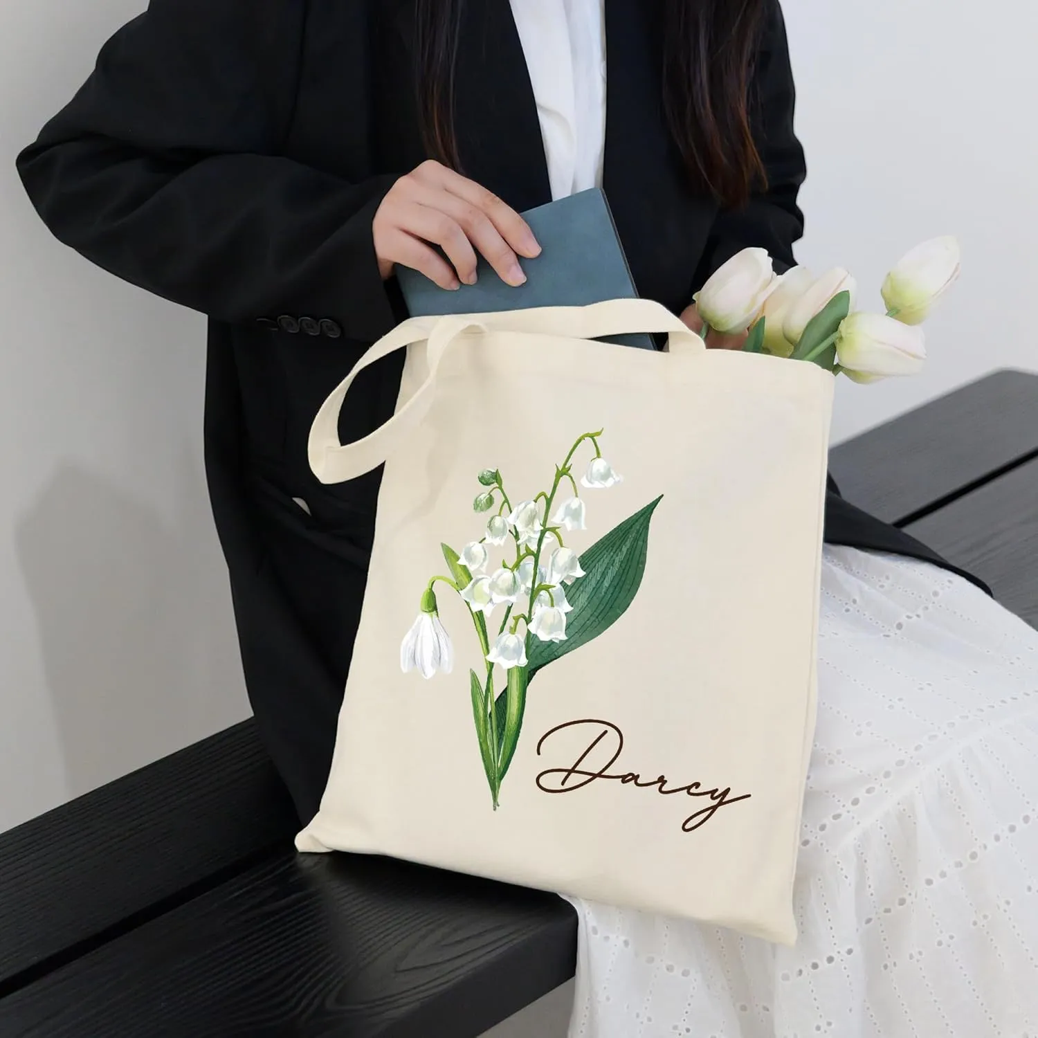 Custom Canvas Tote Bag with Initial and Name Personalized Tote Bag Gift for Women&Girls Bridesmaid Gifts
