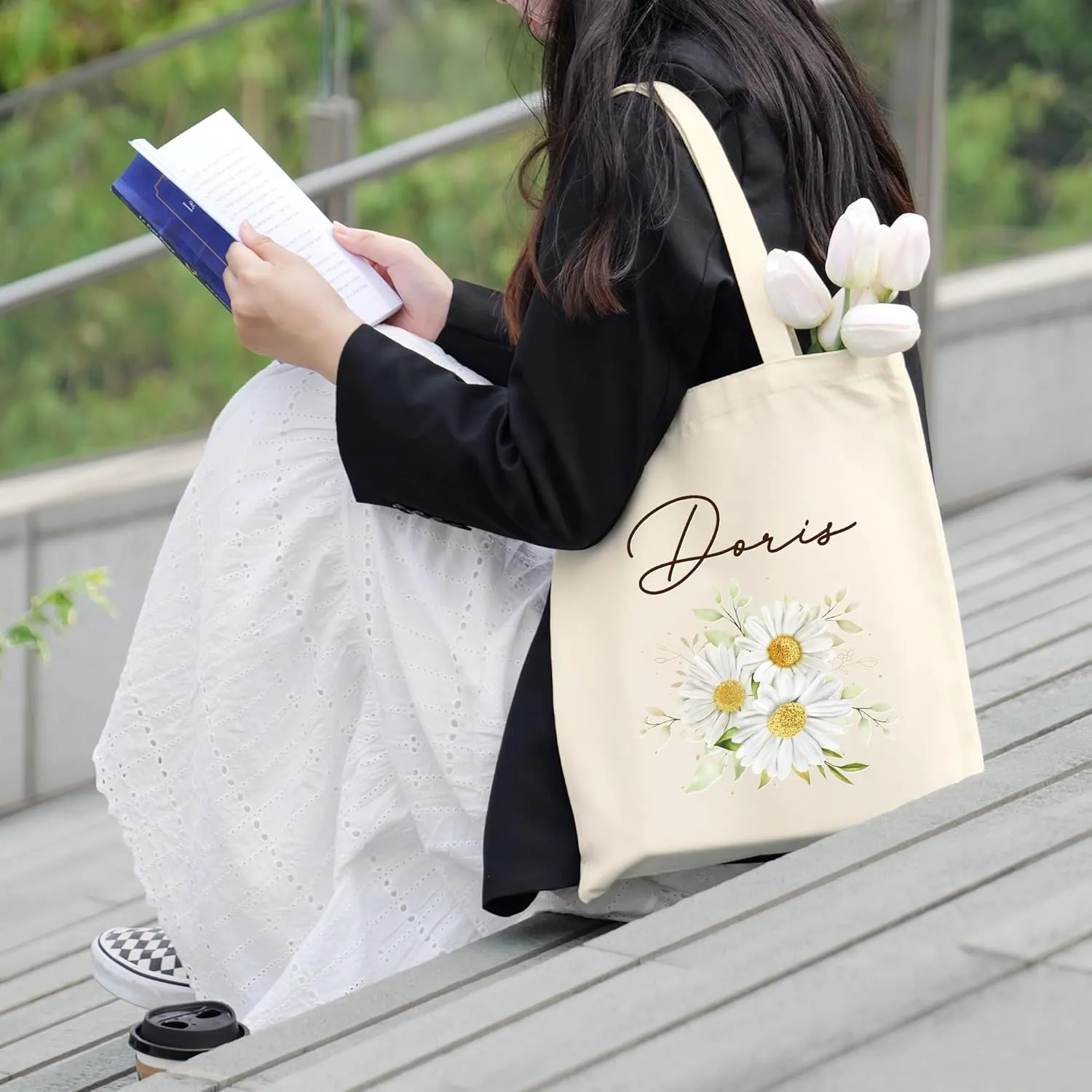 Custom Canvas Tote Bag with Initial and Name Personalized Tote Bag Gift for Women&Girls Bridesmaid Gifts