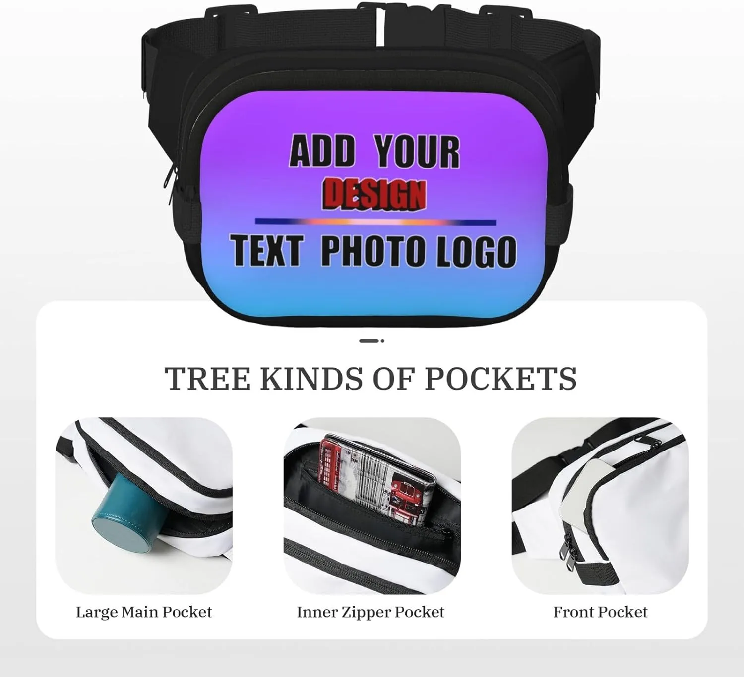 Customized Hands-Free Waist Pack Add Your Text Logo Photo Fanny Bag for Travel Running Outdoor Adventures