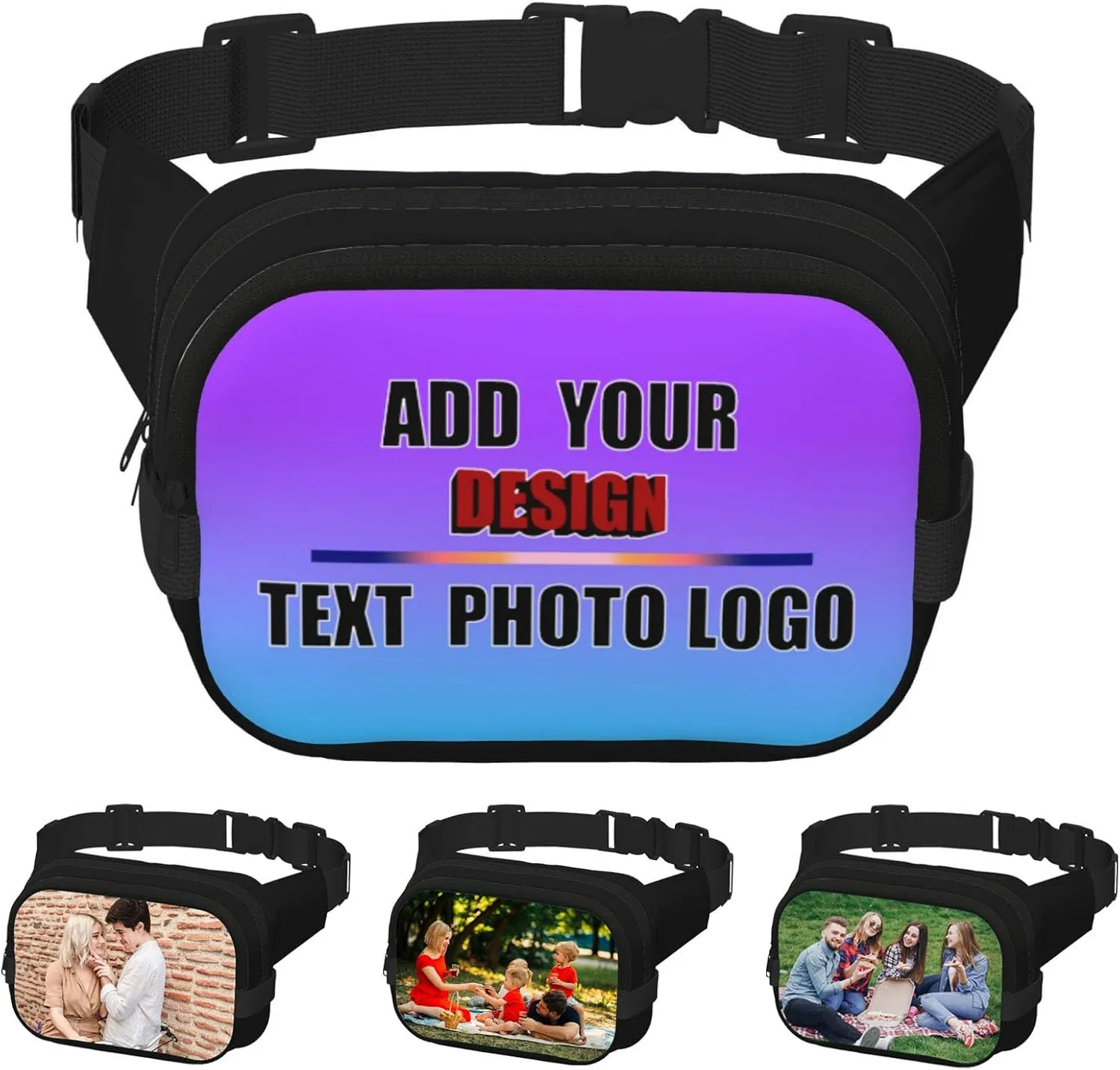 Customized Hands-Free Waist Pack Add Your Text Logo Photo Fanny Bag for Travel Running Outdoor Adventures