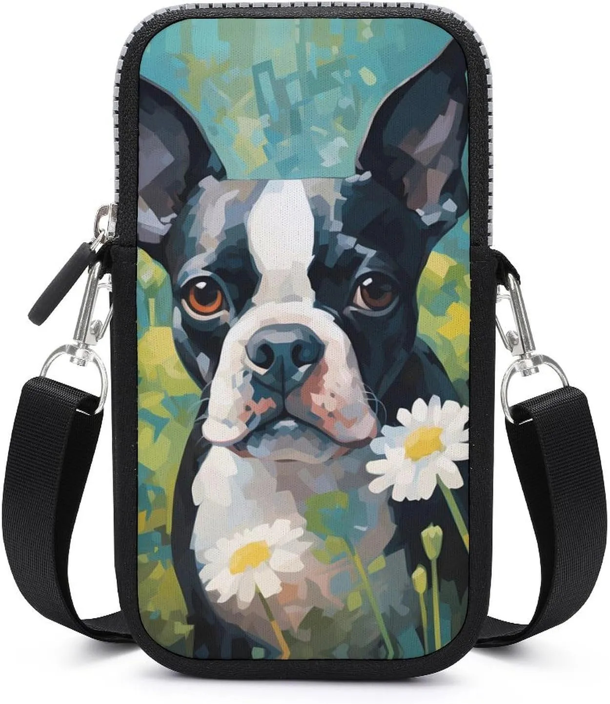 Cute Boston Terrier Dog Watercolor Cell Phone Purse Small Cross-Body Bags Wallet Case with Removable Shoulder Strap