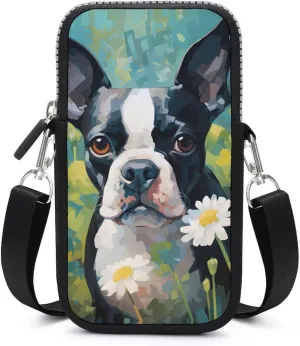 Cute Boston Terrier Dog Watercolor Cell Phone Purse Small Cross-Body Bags Wallet Case with Removable Shoulder Strap