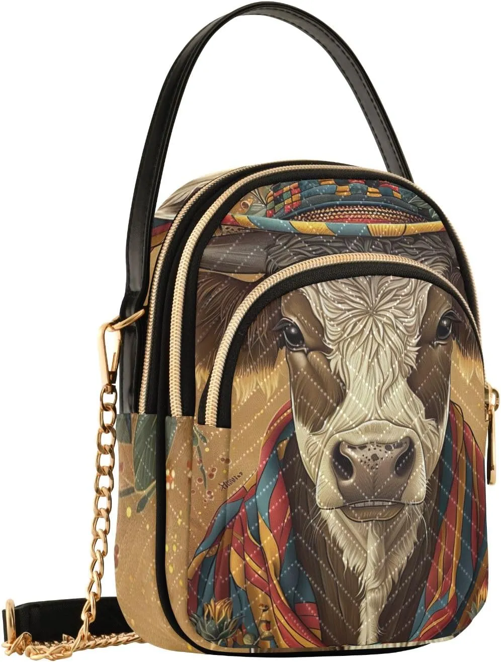 Cute Cow with Hat Women's Crossbody Bags Quilted Purse with Chain Phone Purse Handbag