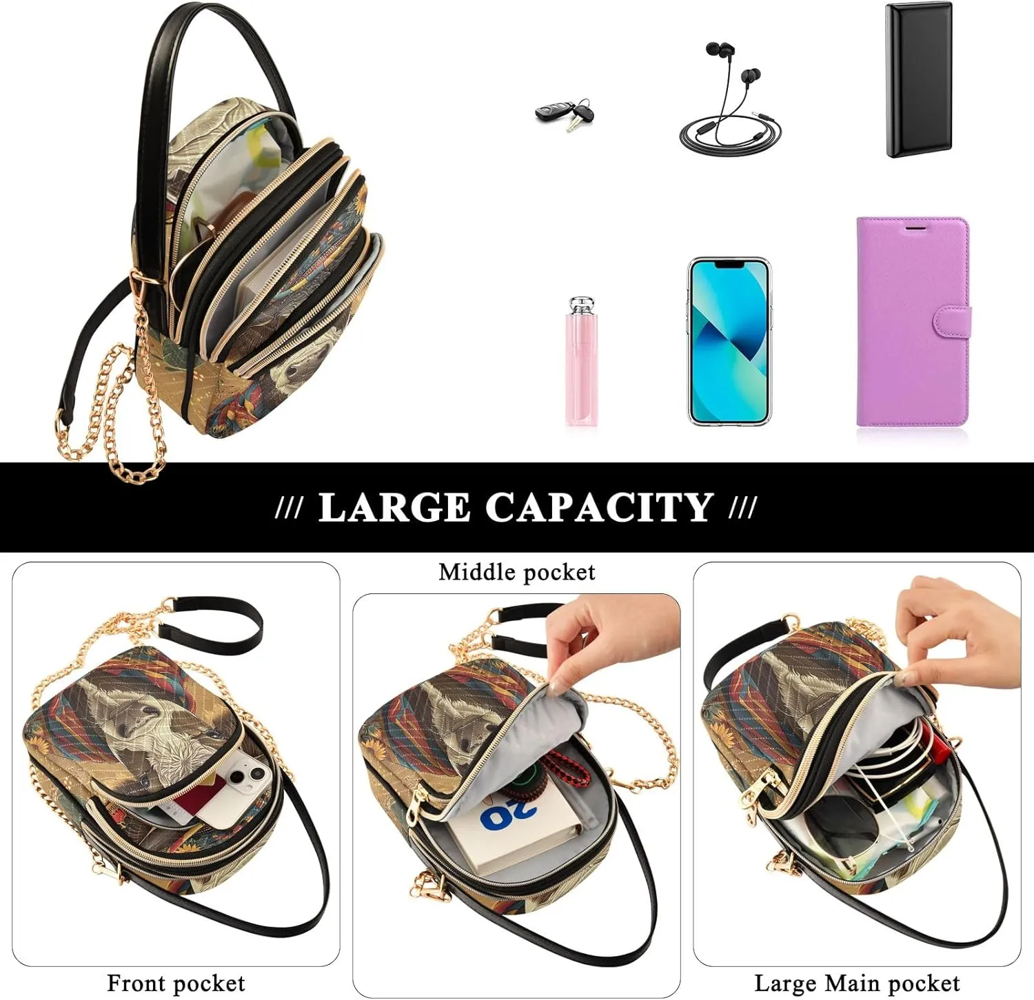 Cute Cow with Hat Women's Crossbody Bags Quilted Purse with Chain Phone Purse Handbag