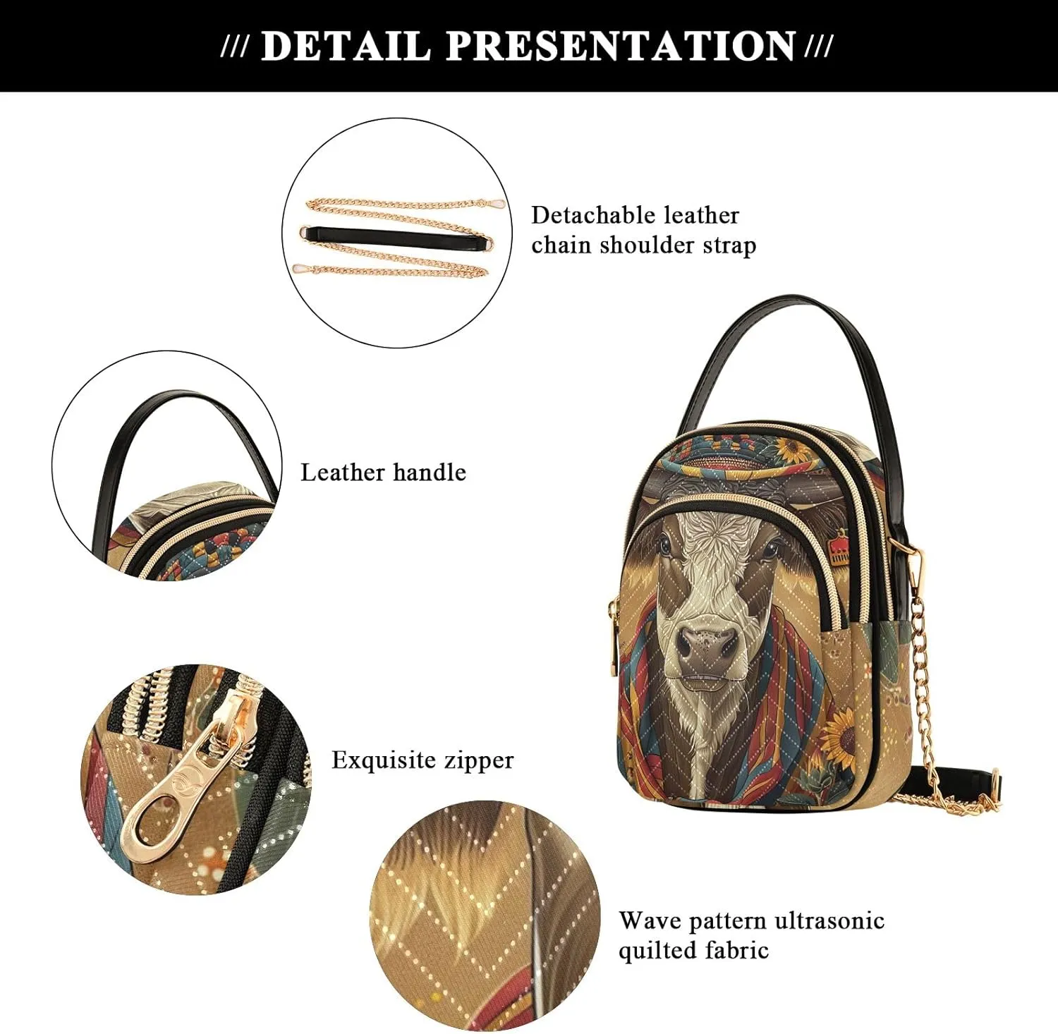 Cute Cow with Hat Women's Crossbody Bags Quilted Purse with Chain Phone Purse Handbag