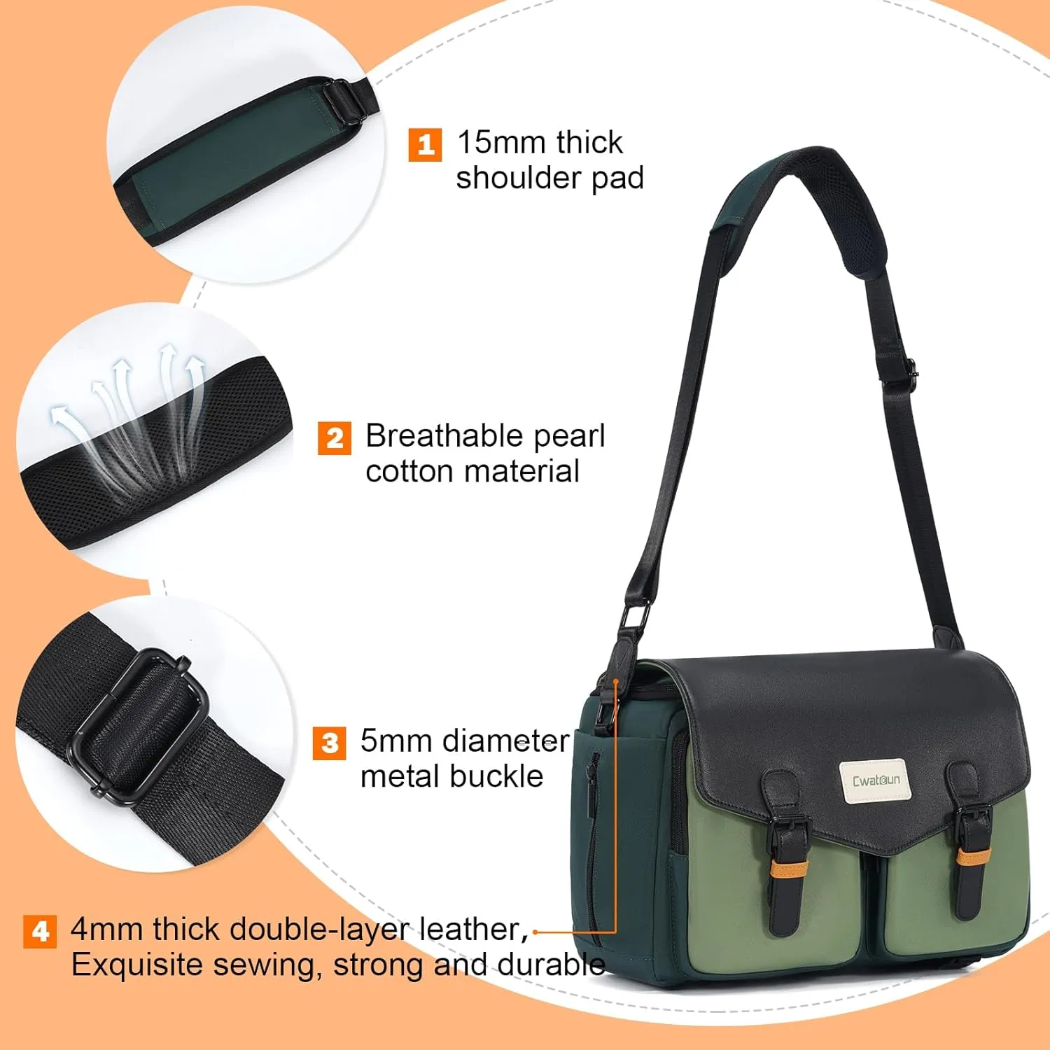 Cwatcun Camera Bag, Waterproof Flap Camera Crossbody Shoulder Messenger Case with Tripod Holder, Travel Photography Bag for Canon, Nikon, Sony, Fuji DSLR/SLR/Mirrorless Camera, Lens - Green, M