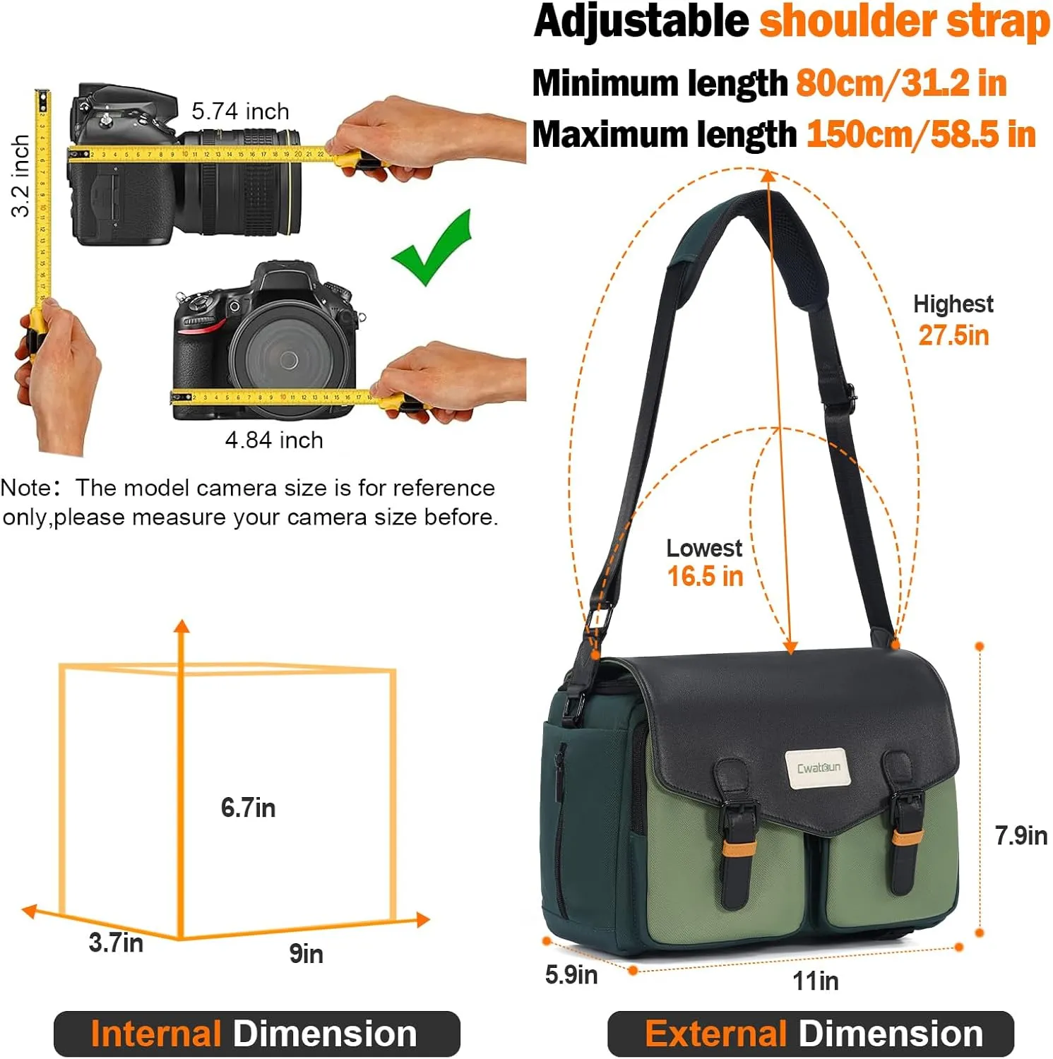 Cwatcun Camera Bag, Waterproof Flap Camera Crossbody Shoulder Messenger Case with Tripod Holder, Travel Photography Bag for Canon, Nikon, Sony, Fuji DSLR/SLR/Mirrorless Camera, Lens - Green, M