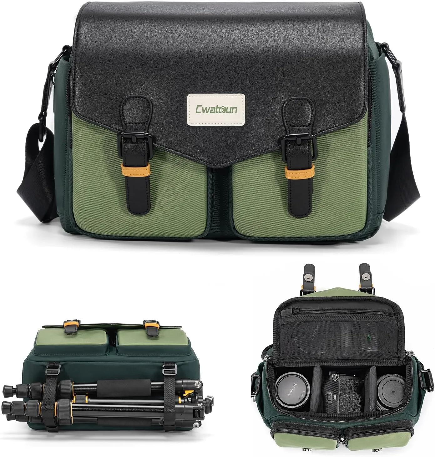 Cwatcun Camera Bag, Waterproof Flap Camera Crossbody Shoulder Messenger Case with Tripod Holder, Travel Photography Bag for Canon, Nikon, Sony, Fuji DSLR/SLR/Mirrorless Camera, Lens - Green, M