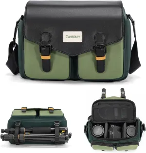 Cwatcun Camera Bag, Waterproof Flap Camera Crossbody Shoulder Messenger Case with Tripod Holder, Travel Photography Bag for Canon, Nikon, Sony, Fuji DSLR/SLR/Mirrorless Camera, Lens - Green, M