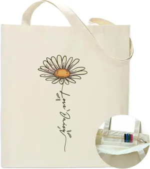 Daisy Flower Canvas Tote Bag Shoulder Zipper Pocket Cute Aesthetic Simple Design Women Teacher Lady Shopping Handbag College Book Reusable Grocery Work Storage Personalized Fashion Cotton