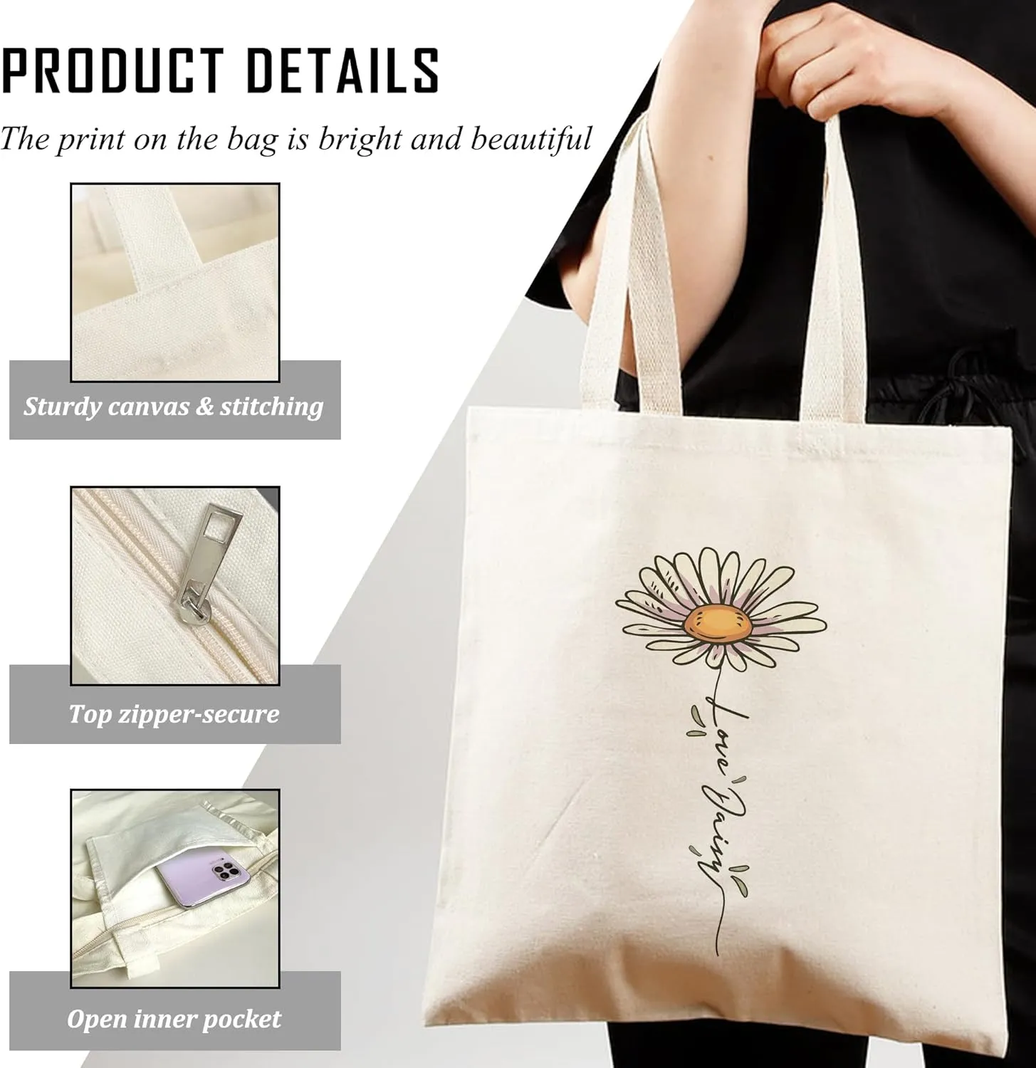 Daisy Flower Canvas Tote Bag Shoulder Zipper Pocket Cute Aesthetic Simple Design Women Teacher Lady Shopping Handbag College Book Reusable Grocery Work Storage Personalized Fashion Cotton