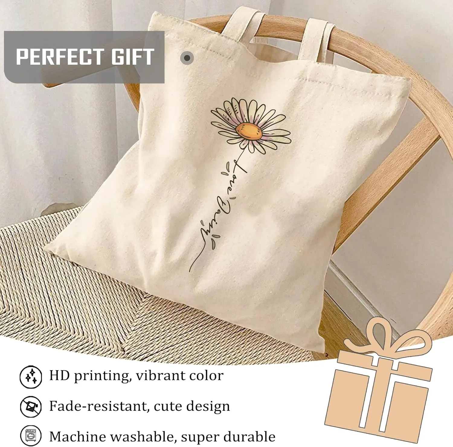 Daisy Flower Canvas Tote Bag Shoulder Zipper Pocket Cute Aesthetic Simple Design Women Teacher Lady Shopping Handbag College Book Reusable Grocery Work Storage Personalized Fashion Cotton