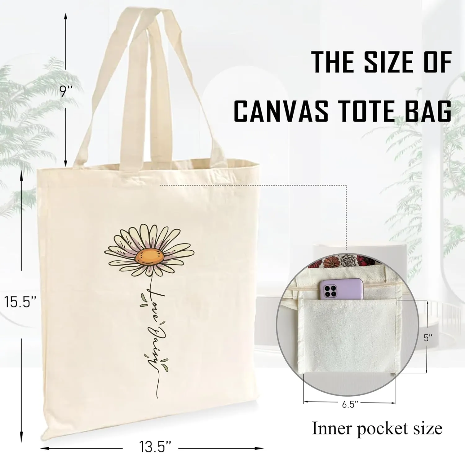 Daisy Flower Canvas Tote Bag Shoulder Zipper Pocket Cute Aesthetic Simple Design Women Teacher Lady Shopping Handbag College Book Reusable Grocery Work Storage Personalized Fashion Cotton