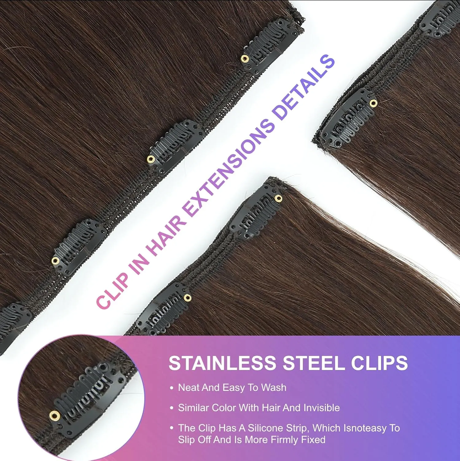 Dark Brown Clip in Hair Extensions, 18 Inch 100g/3.5oz, 2 Dark Brown Hair Extensions Real Human Hair, Invisible Seamless Remy Human Hair Clip Extensions for Women 8pcs Per Set with Double Weft