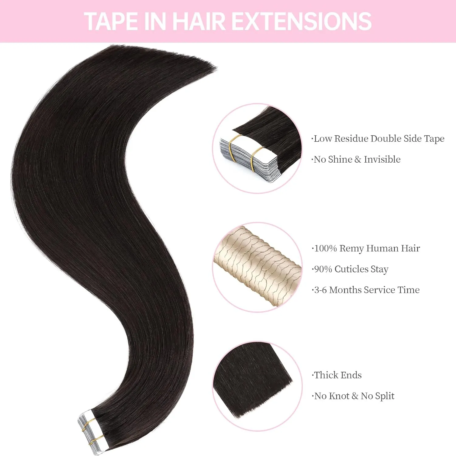 Dark Brown Tape in Hair Extensions Human Hair,#2 Darkest Brown Human Hair Extensions,20 inch 20 Pcs 50g Seamless Invisible Straight Silky Tape ins