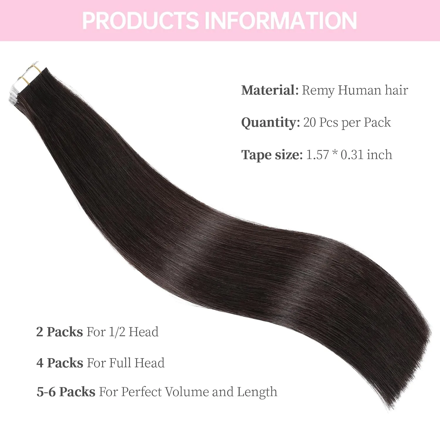 Dark Brown Tape in Hair Extensions Human Hair,#2 Darkest Brown Human Hair Extensions,20 inch 20 Pcs 50g Seamless Invisible Straight Silky Tape ins