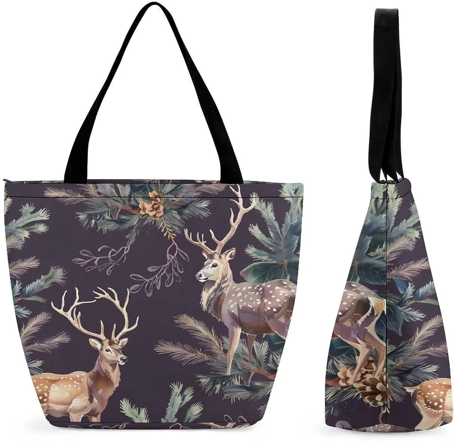Deer Antlers Pine Tree Hunting Tote Bag for Women Reusable Beach Shoulder Bag Lightweight Grocery Bags Travel Handbag