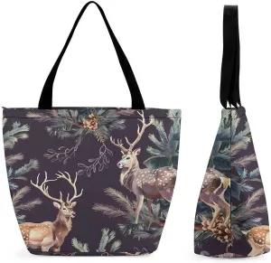 Deer Antlers Pine Tree Hunting Tote Bag for Women Reusable Beach Shoulder Bag Lightweight Grocery Bags Travel Handbag