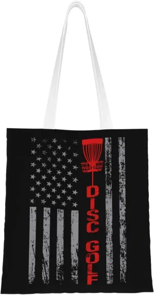 Disc Golf With Usa Flag Tote Bag for Women Canvas Shopping Bags Reusable Large Capacity Casual Shoulder Handbags Grocery Bags DIY Gift Bags