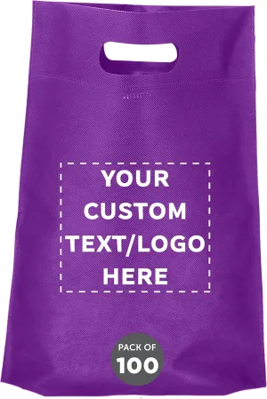 DISCOUNT PROMOS Custom Non-Woven Exhibition Tote Bags Set of 100, Personalized Bulk Pack - Perfect for Shopping, Grocery, Beach, Picnic - Purple 11"X14"2.5", Die-cut Handles