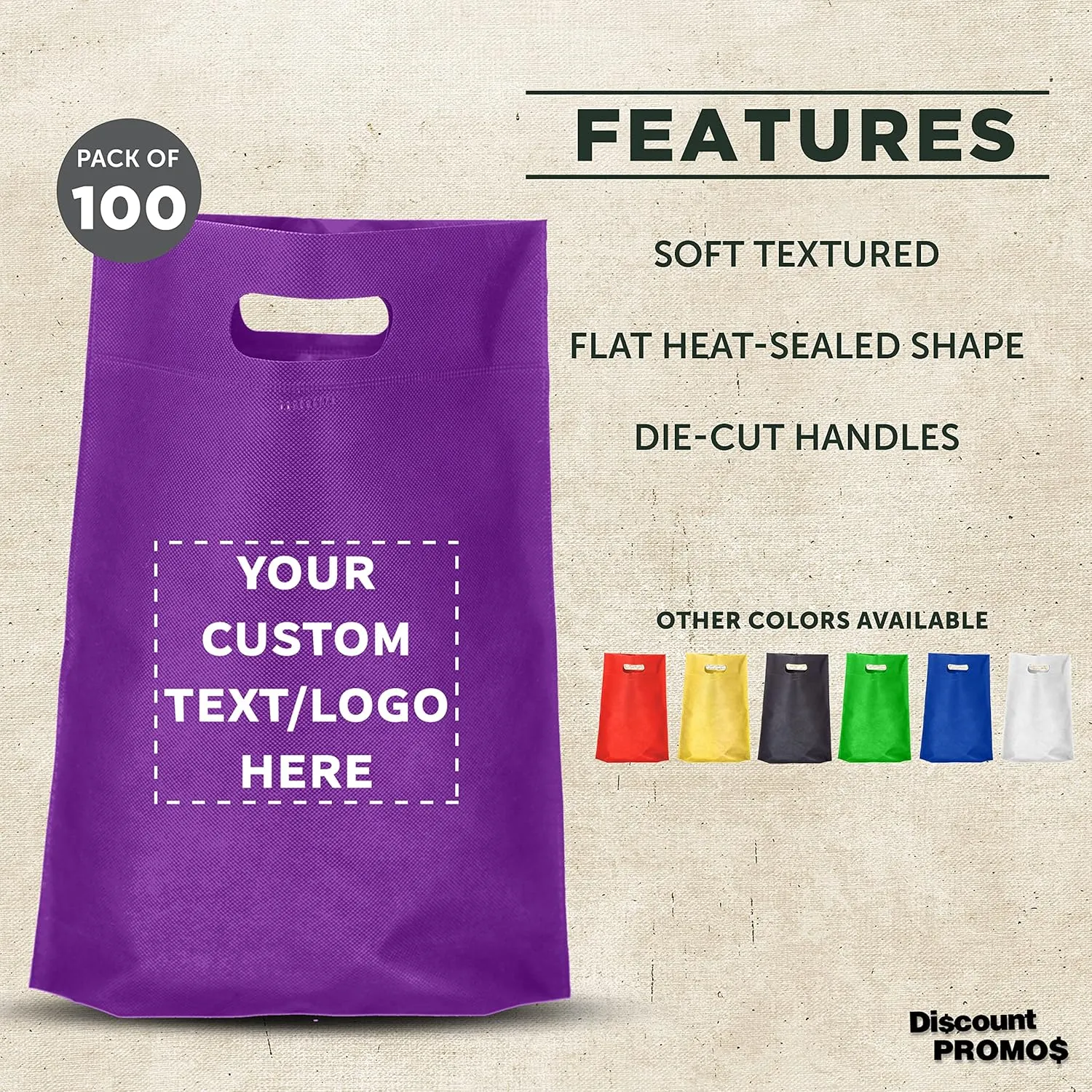 DISCOUNT PROMOS Custom Non-Woven Exhibition Tote Bags Set of 100, Personalized Bulk Pack - Perfect for Shopping, Grocery, Beach, Picnic - Purple 11"X14"2.5", Die-cut Handles