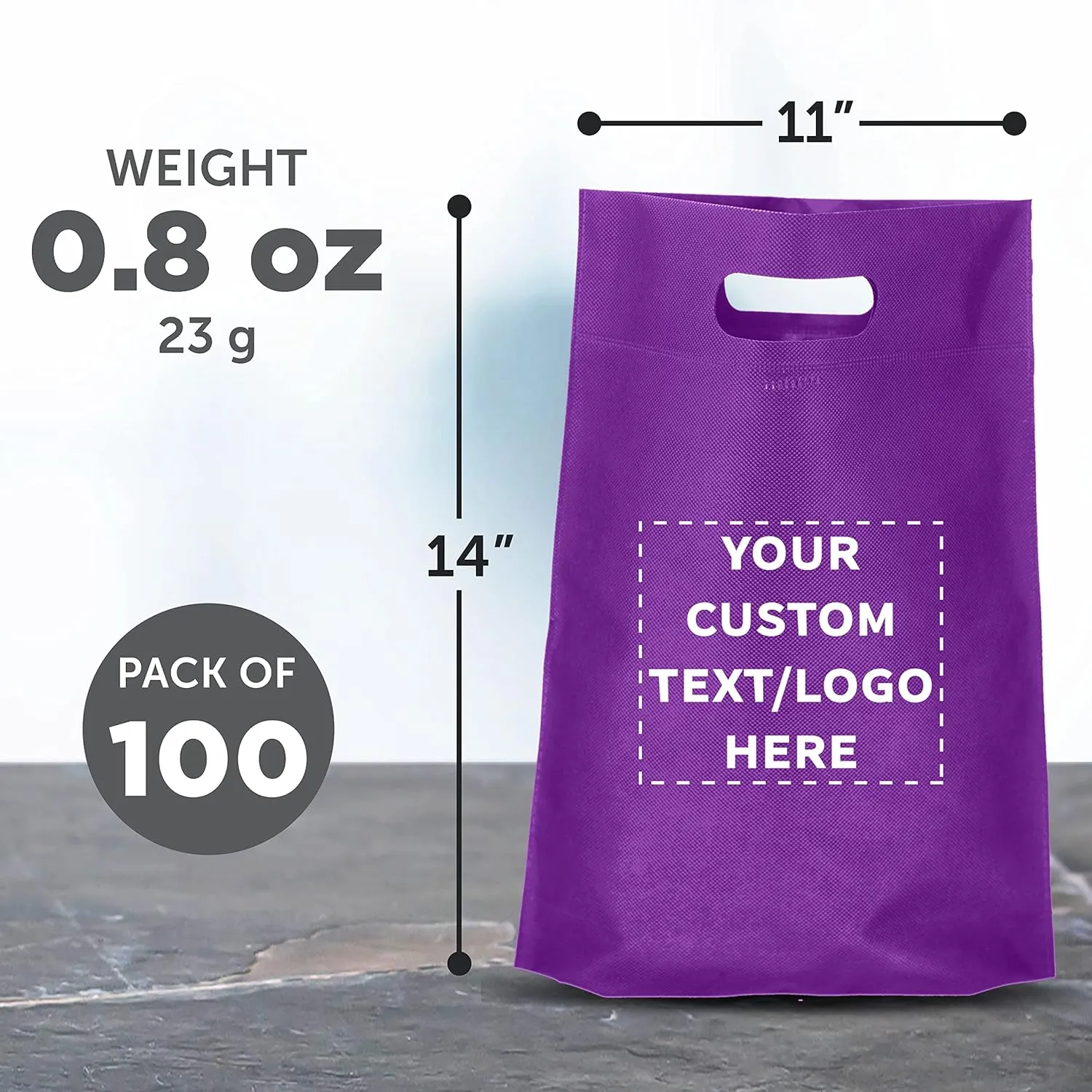 DISCOUNT PROMOS Custom Non-Woven Exhibition Tote Bags Set of 100, Personalized Bulk Pack - Perfect for Shopping, Grocery, Beach, Picnic - Purple 11"X14"2.5", Die-cut Handles