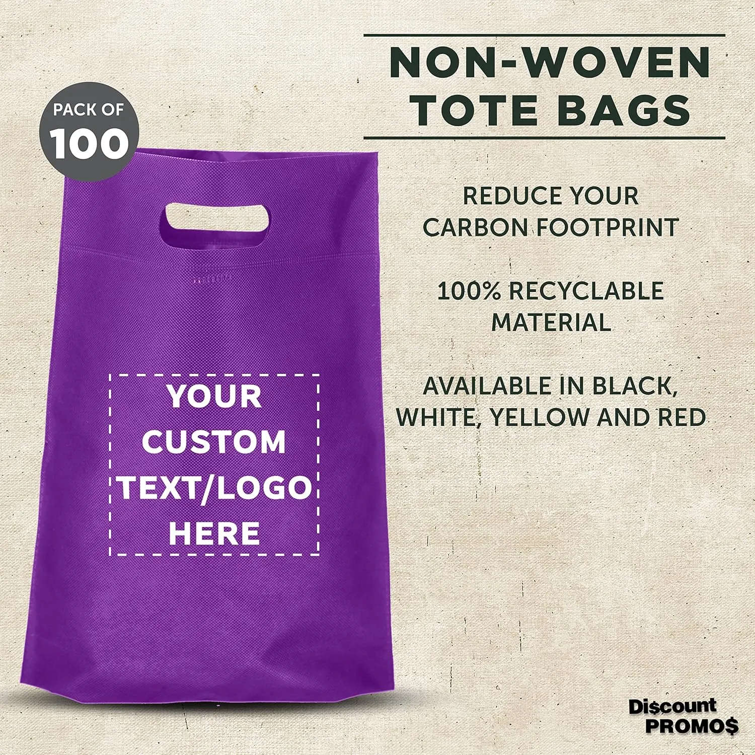 DISCOUNT PROMOS Custom Non-Woven Exhibition Tote Bags Set of 100, Personalized Bulk Pack - Perfect for Shopping, Grocery, Beach, Picnic - Purple 11"X14"2.5", Die-cut Handles