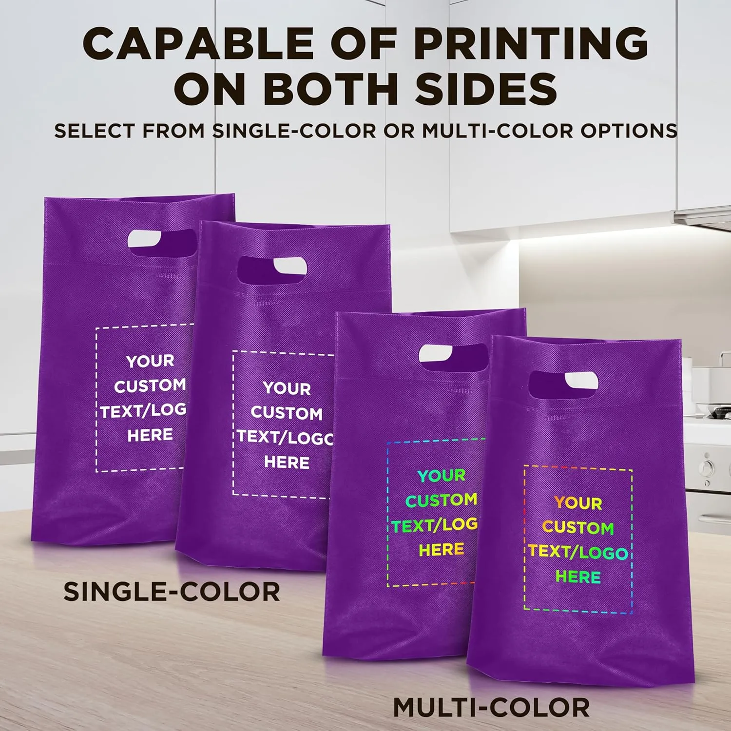 DISCOUNT PROMOS Custom Non-Woven Exhibition Tote Bags Set of 100, Personalized Bulk Pack - Perfect for Shopping, Grocery, Beach, Picnic - Purple 11"X14"2.5", Die-cut Handles