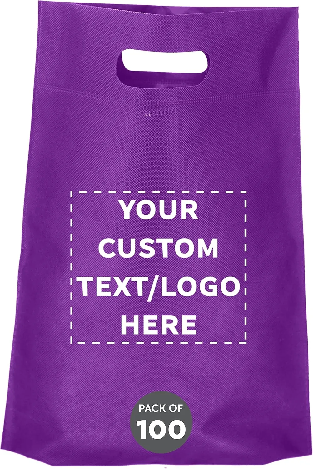 DISCOUNT PROMOS Custom Non-Woven Exhibition Tote Bags Set of 100, Personalized Bulk Pack - Perfect for Shopping, Grocery, Beach, Picnic - Purple 11"X14"2.5", Die-cut Handles
