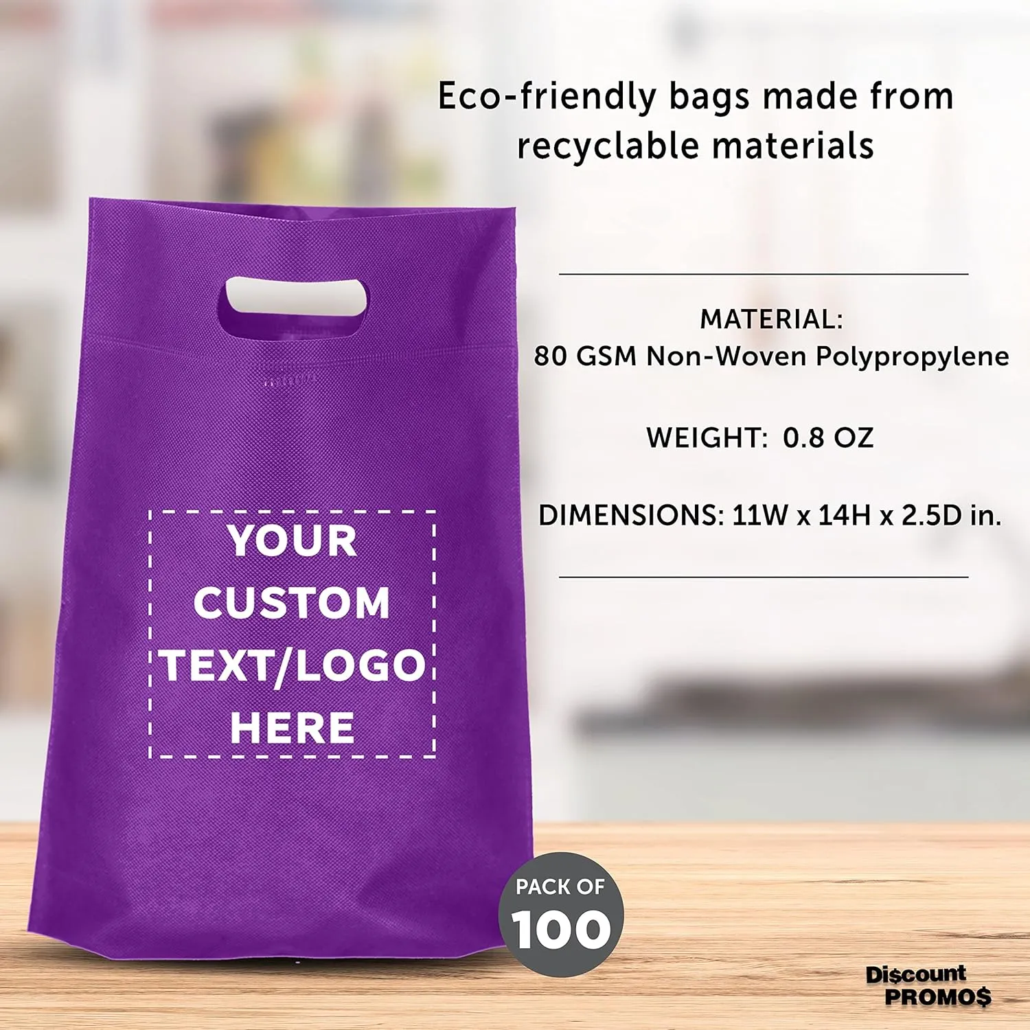 DISCOUNT PROMOS Custom Non-Woven Exhibition Tote Bags Set of 100, Personalized Bulk Pack - Perfect for Shopping, Grocery, Beach, Picnic - Purple 11"X14"2.5", Die-cut Handles