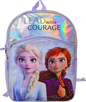 Disney Frozen 2 Lead With Courage Backpack - 16” Full Size Toddler, Child, Kid School Book Bag - Anna and Elsa Foil Panel Backpack