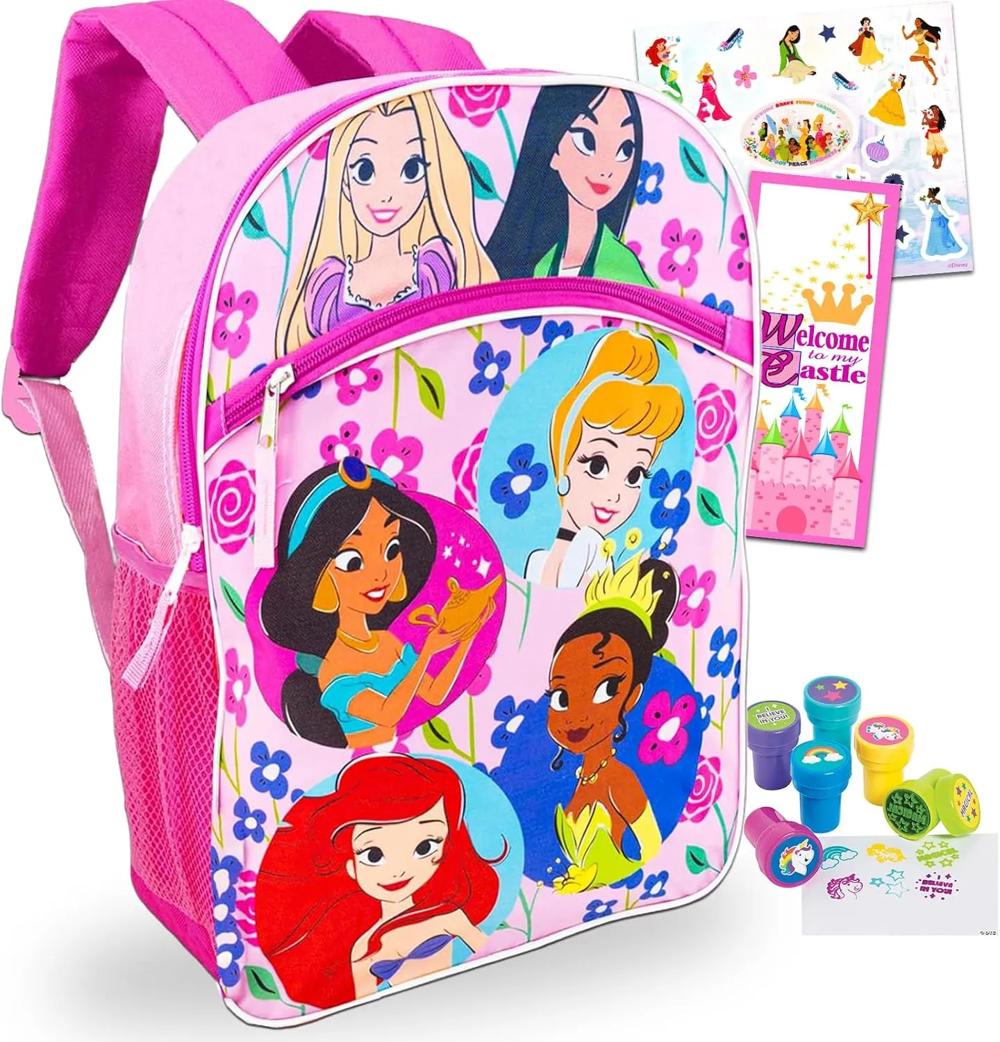 Disney Princess Deluxe 16" Backpack 4 Pc Bundle with Stickers, Stampers and More