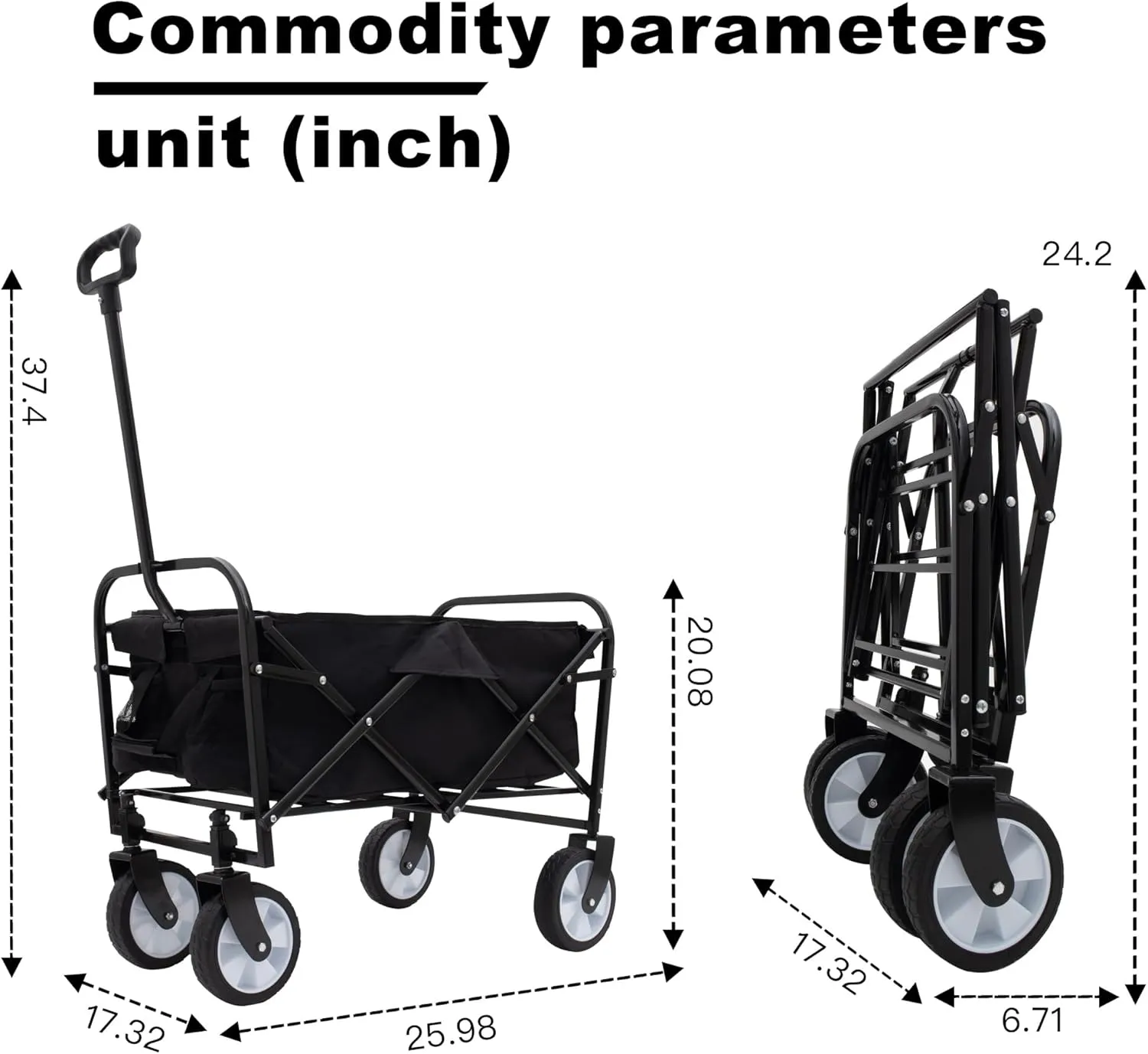 Double Decker Wagon with 2 Cup Holder, Collapsible Cart with 6'' Wheels, Grocery Shopping Utility Wagon with 3 Plastic Liner Bags, for Gardening Picnics and Beach Days(Black)