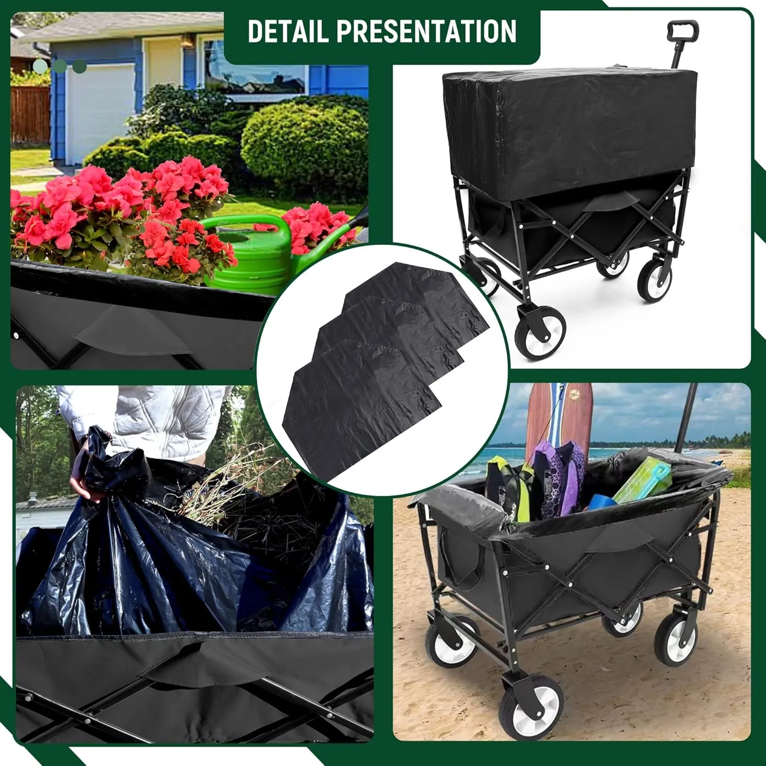 Double Decker Wagon with 2 Cup Holder, Collapsible Cart with 6'' Wheels, Grocery Shopping Utility Wagon with 3 Plastic Liner Bags, for Gardening Picnics and Beach Days(Black)