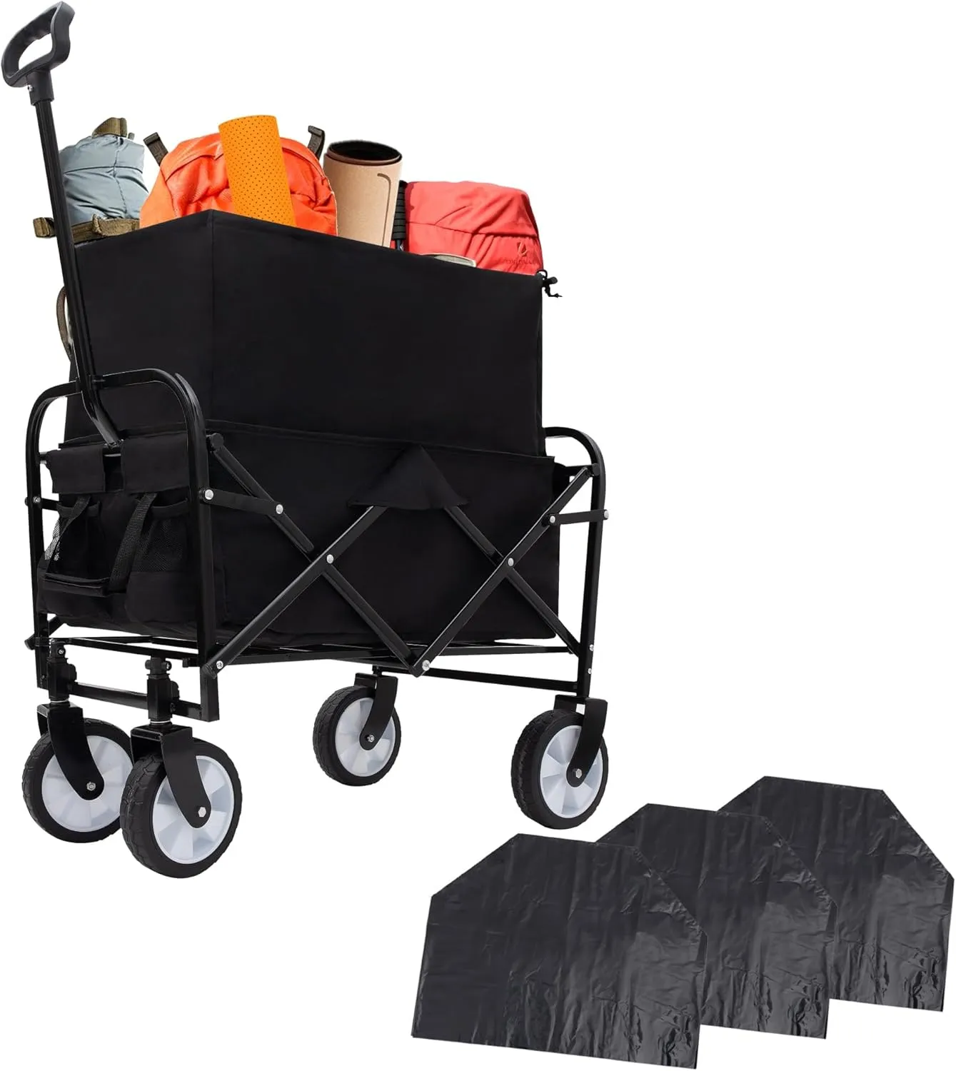 Double Decker Wagon with 2 Cup Holder, Collapsible Cart with 6'' Wheels, Grocery Shopping Utility Wagon with 3 Plastic Liner Bags, for Gardening Picnics and Beach Days(Black)