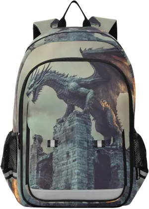 Dragon Castle Roar Backpack Travel Laptop Daypack Shoulder Bag Book Bag Daypack with Reflective Strip 12.9 ×17.7 Inches