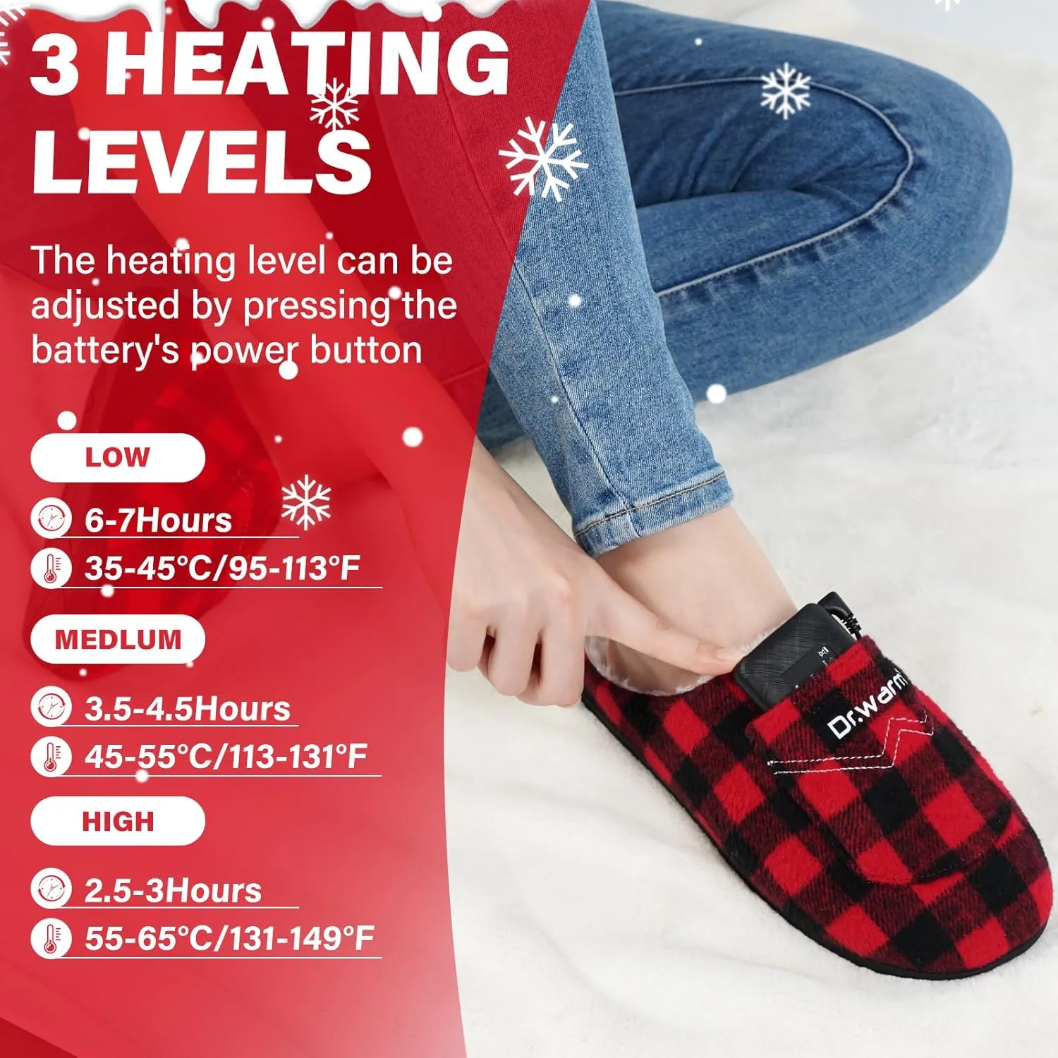 Dr.Warm Heated Slippers for Women Men, 5000mAh Rechargeable Battery Heating Shoes with Anti-Skid Rubber Sole, Thermal Electric Fuzzy Slippers Foot Warmer for Cold Winter