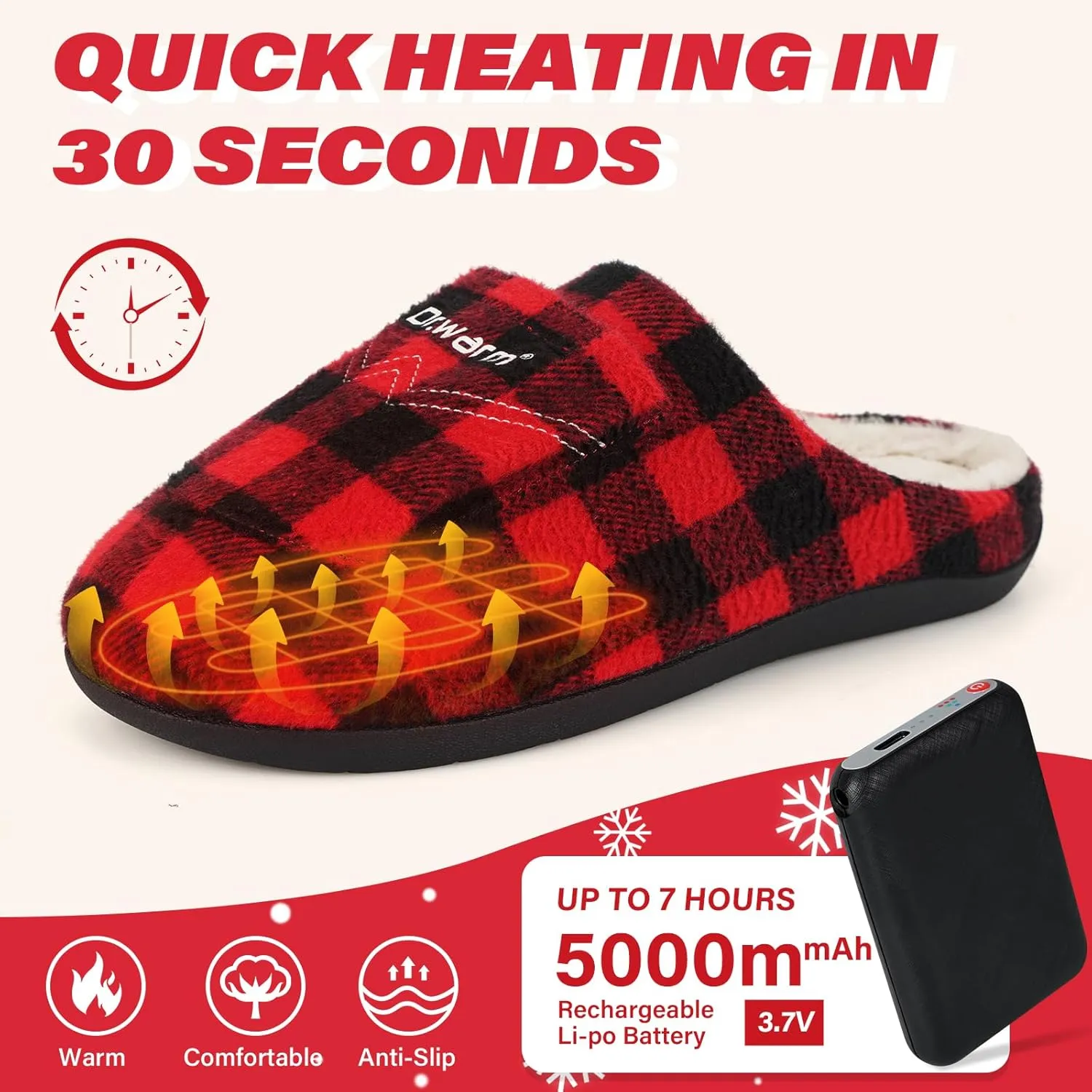 Dr.Warm Heated Slippers for Women Men, 5000mAh Rechargeable Battery Heating Shoes with Anti-Skid Rubber Sole, Thermal Electric Fuzzy Slippers Foot Warmer for Cold Winter