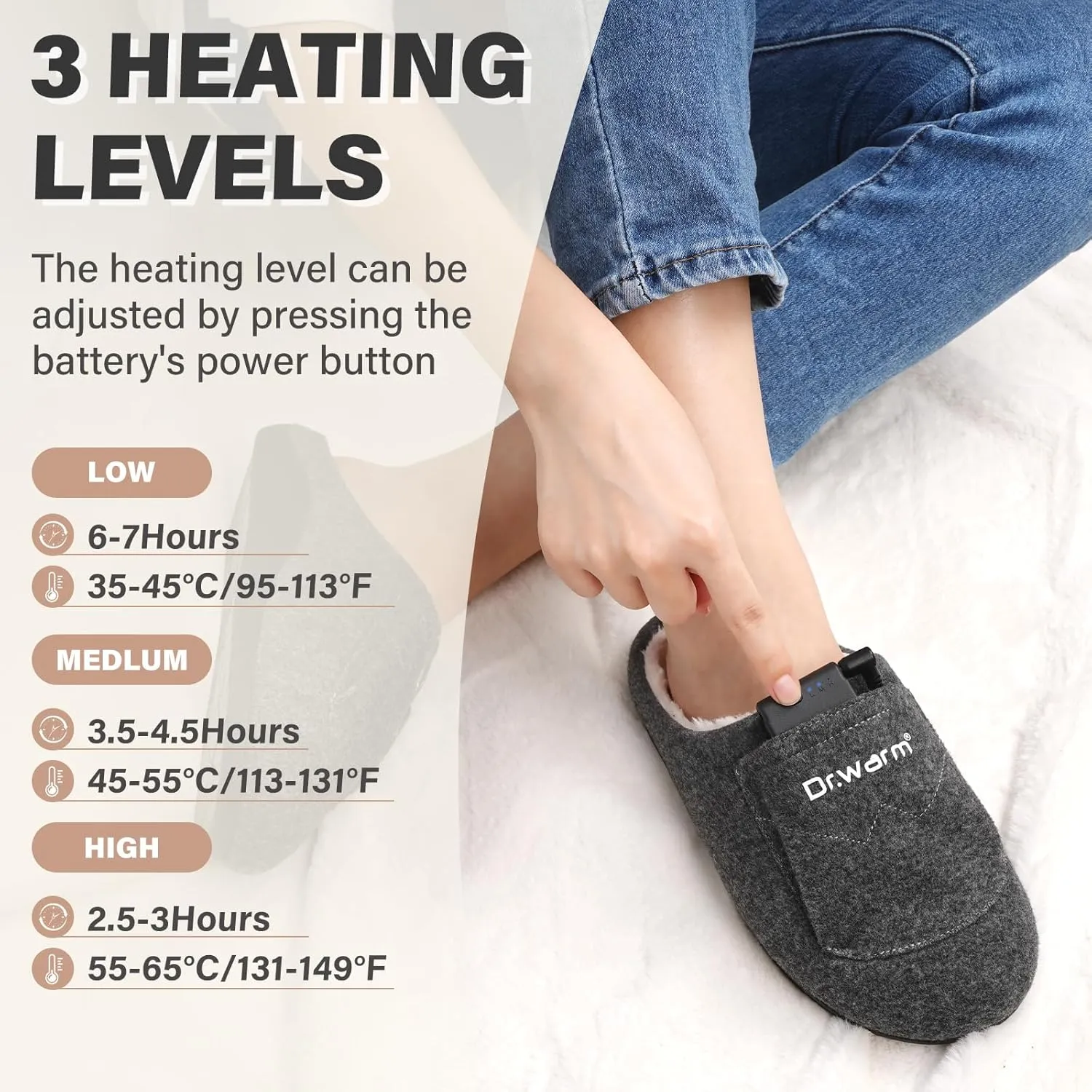 Dr.Warm Heated Slippers for Women Men, 5000mAh Rechargeable Battery Heating Shoes with Anti-Skid Rubber Sole, Thermal Electric Fuzzy Slippers Foot Warmer for Cold Winter