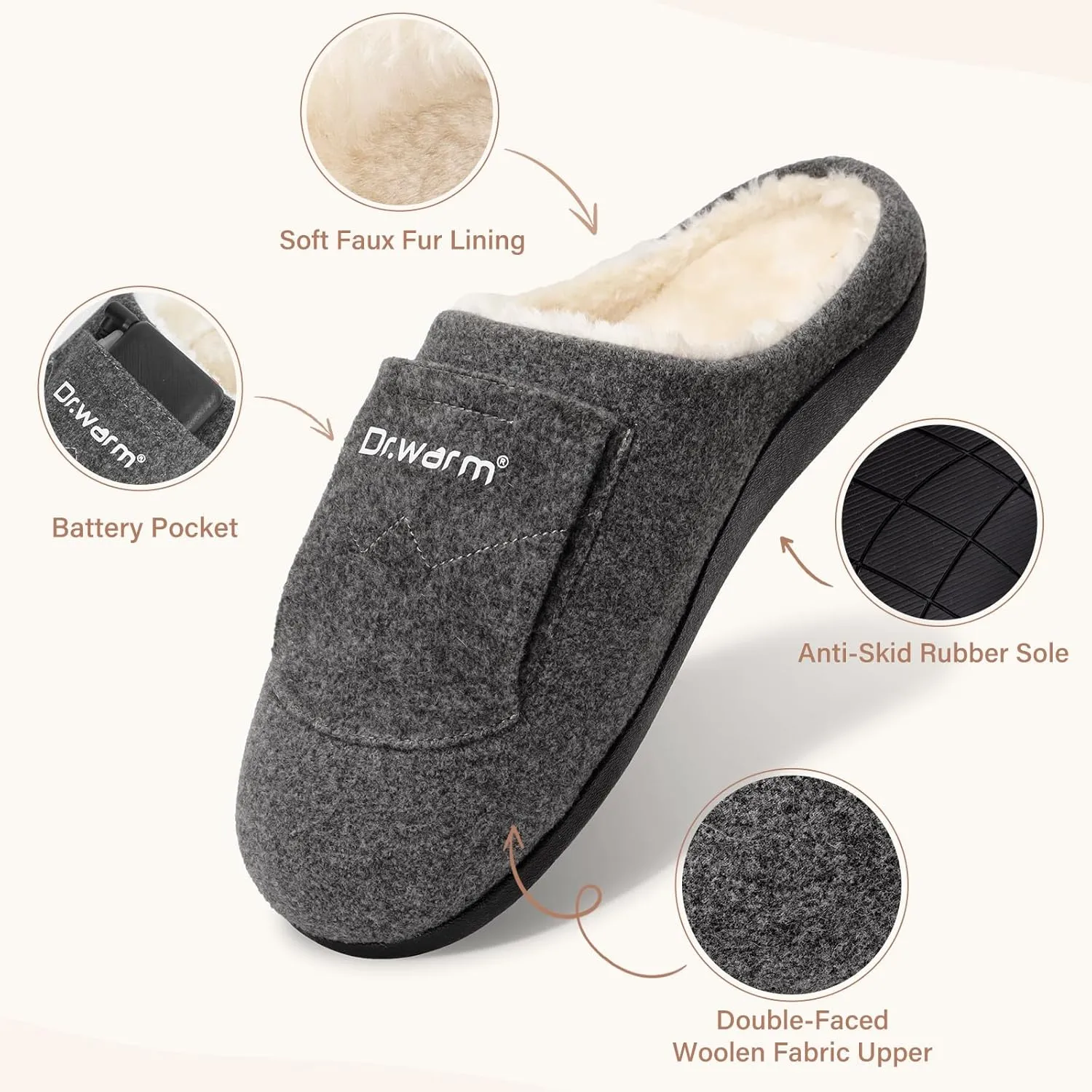 Dr.Warm Heated Slippers for Women Men, 5000mAh Rechargeable Battery Heating Shoes with Anti-Skid Rubber Sole, Thermal Electric Fuzzy Slippers Foot Warmer for Cold Winter