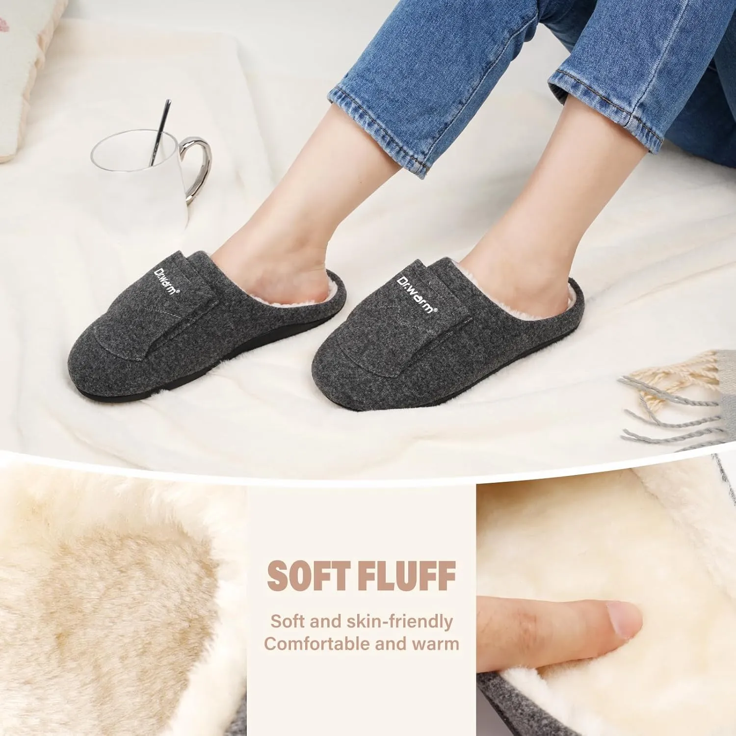 Dr.Warm Heated Slippers for Women Men, 5000mAh Rechargeable Battery Heating Shoes with Anti-Skid Rubber Sole, Thermal Electric Fuzzy Slippers Foot Warmer for Cold Winter