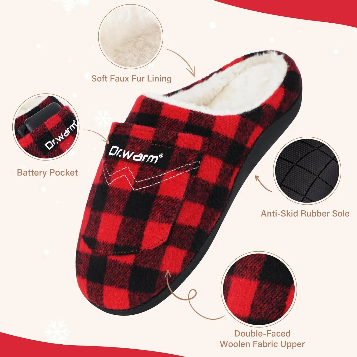 Dr.Warm Heated Slippers for Women Men, 5000mAh Rechargeable Battery Heating Shoes with Anti-Skid Rubber Sole, Thermal Electric Fuzzy Slippers Foot Warmer for Cold Winter