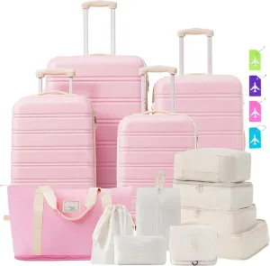 Durable and Lightweight Hardshell Luggage Set, 4-piece Spinner Suitcases in Light Pink, Includes 16"-28" Sizes and Travel Bag