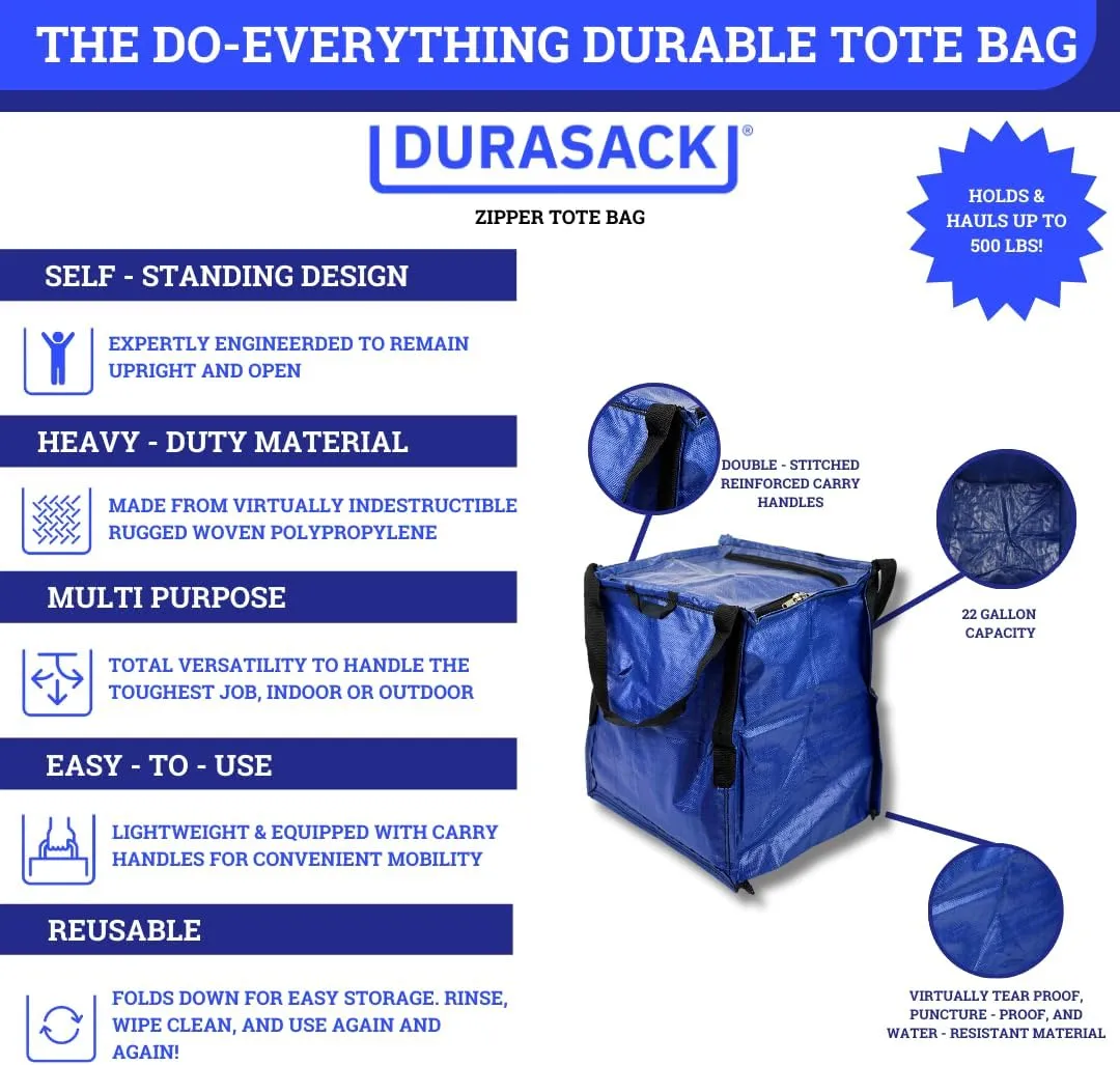 DURASACK Heavy Duty Storage Tote Bag with Zipper Top 22-Gallon Rugged Woven Polypropylene Moving Bag, Reusable Self-Standing Design, Holds up to 500 Pounds, Pack of 4, Multicolored