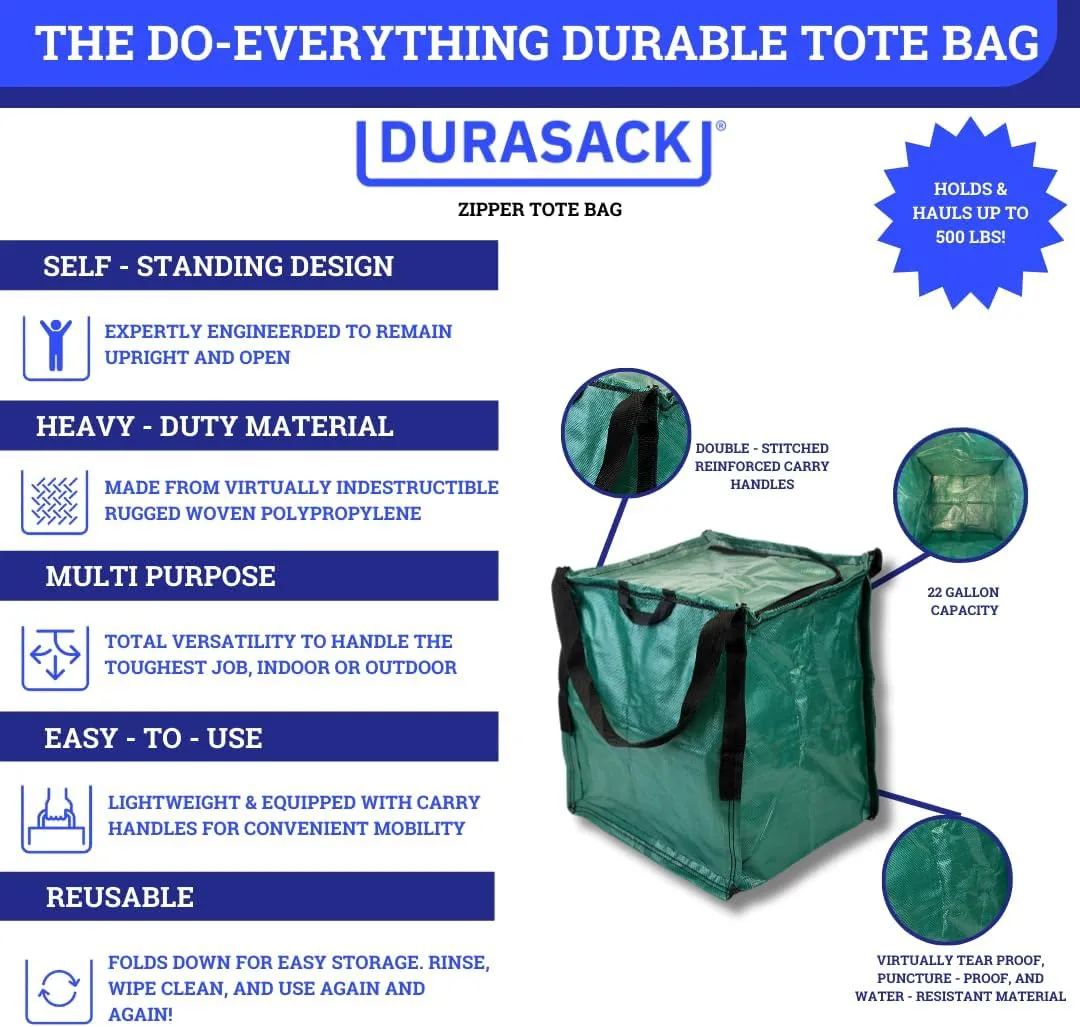 DURASACK Heavy Duty Storage Tote Bag with Zipper Top 22-Gallon Rugged Woven Polypropylene Moving Bag, Reusable Self-Standing Design, Holds up to 500 Pounds, Single, Green