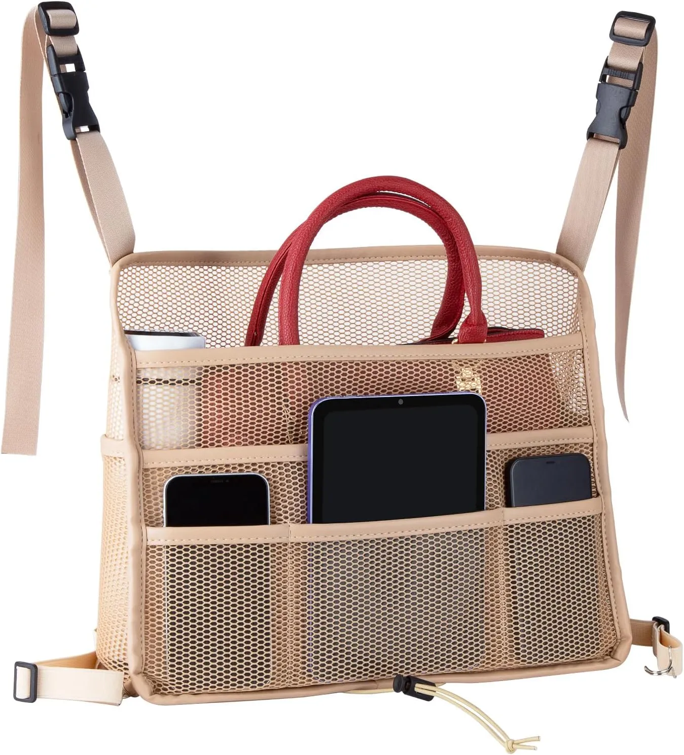 eing Car Net Pocket Handbag Holder Between Seats Back Storage Organizer 3 - Layers Purse Holder for Console Front Seat Storage Barrier, Beige