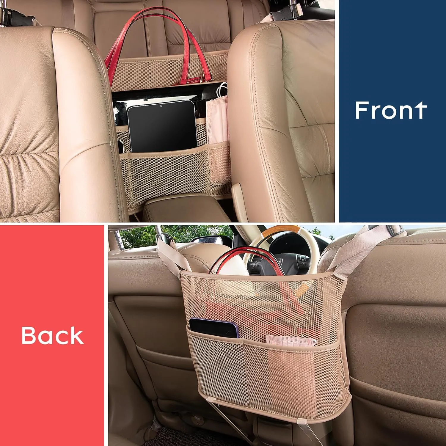 eing Car Net Pocket Handbag Holder Between Seats Back Storage Organizer 3 - Layers Purse Holder for Console Front Seat Storage Barrier, Beige