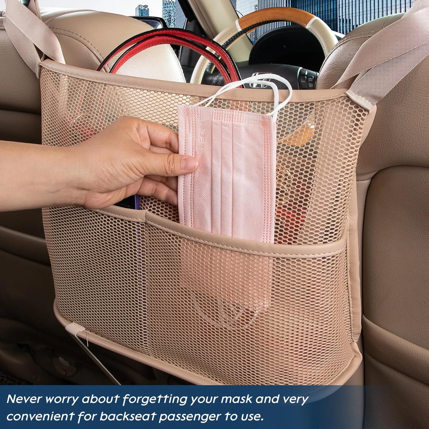eing Car Net Pocket Handbag Holder Between Seats Back Storage Organizer 3 - Layers Purse Holder for Console Front Seat Storage Barrier, Beige